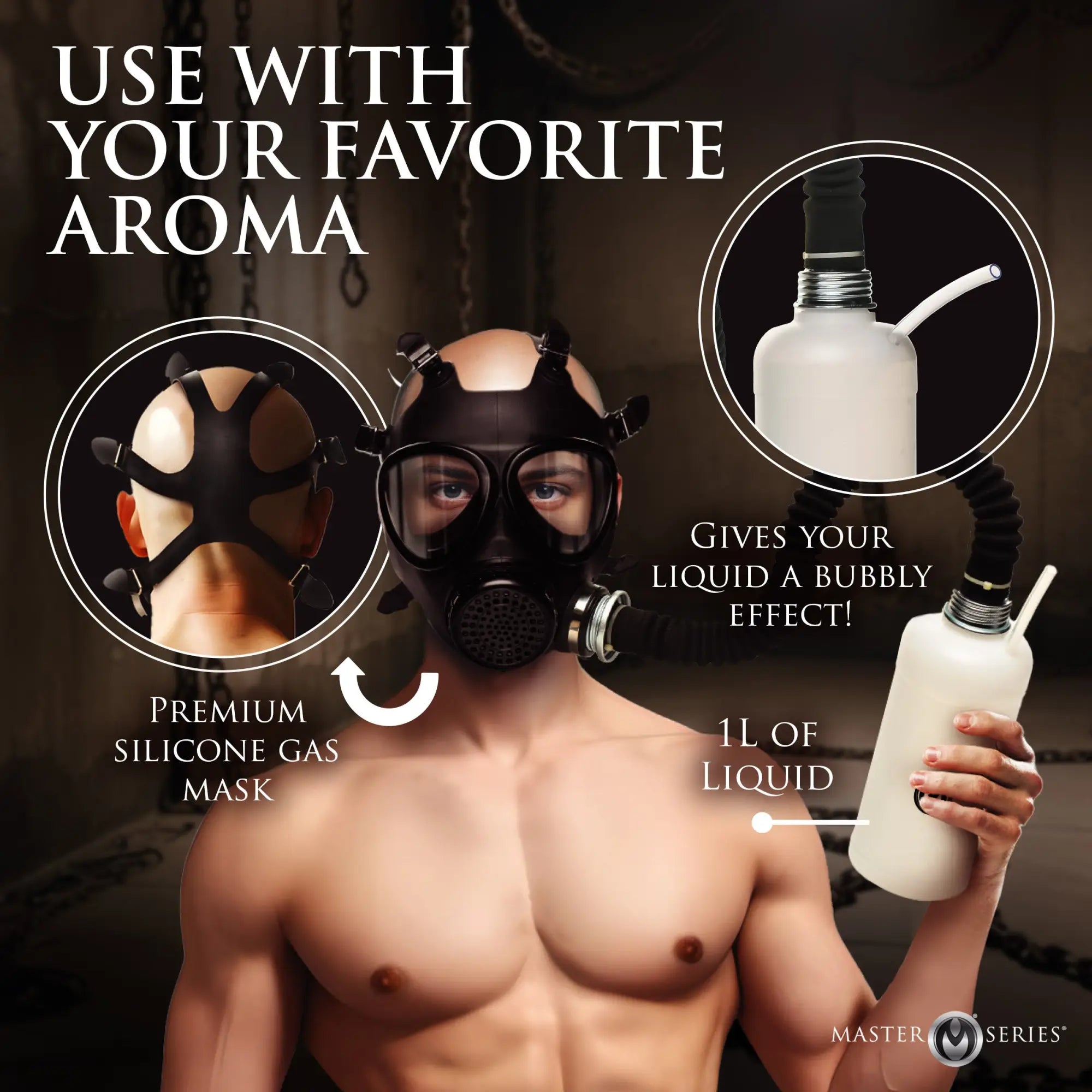 Master Series black silicone gas mask and 1L liquid bottle with a hose, worn by a shirtless man, showing setup details.