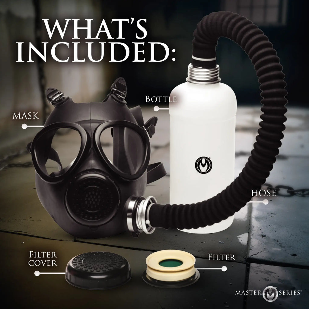 Master Series Inhaler Gas Mask with bottle, hose, filter, and cover, displayed against a dark industrial background.