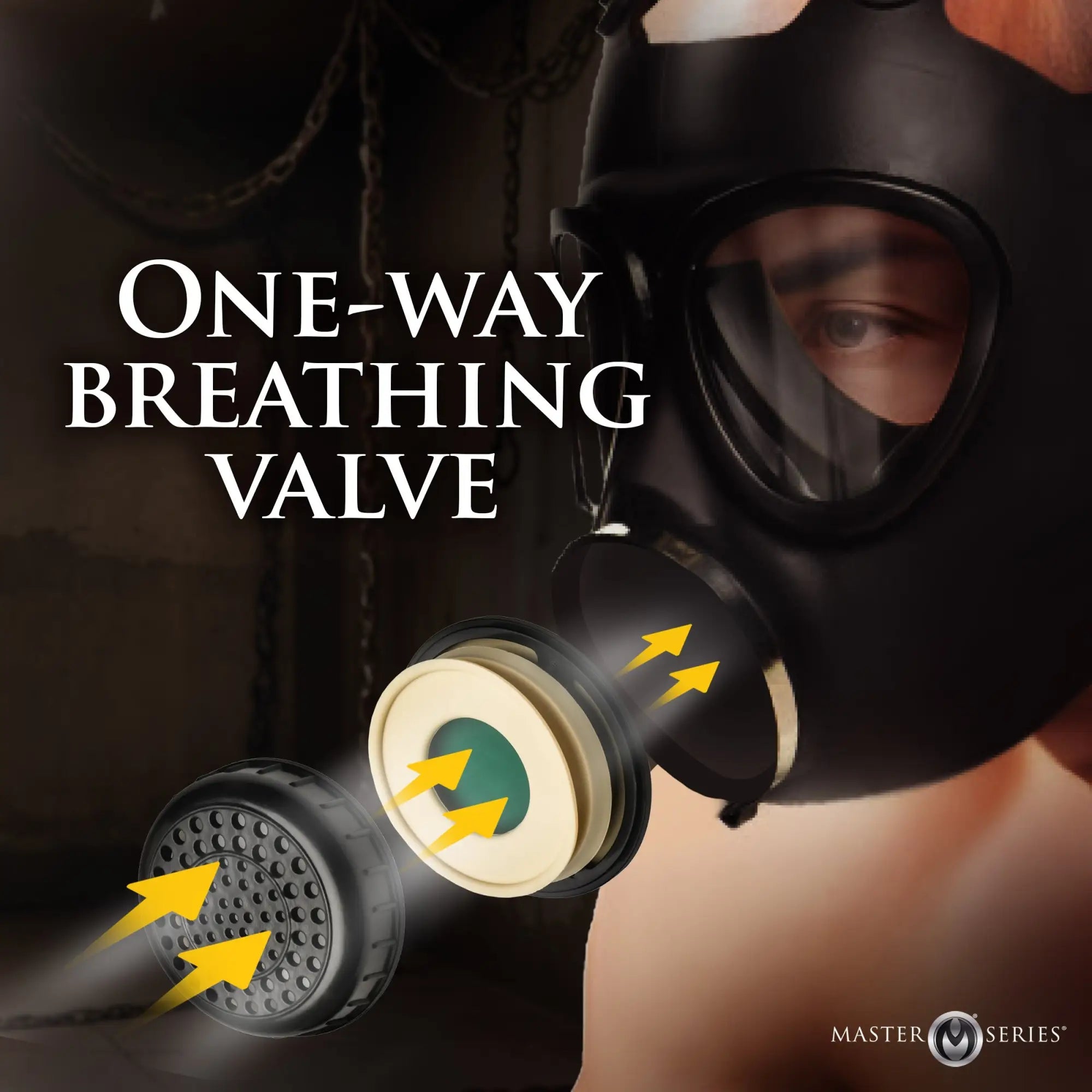 Master Series black rubber gas mask shown with a detached one-way breathing valve and airflow arrows.