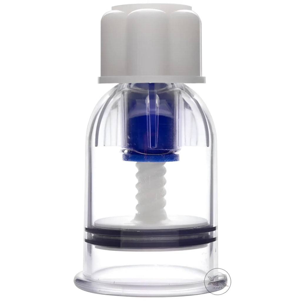 Master Series Intake Ass Sucker Device with a clear cylindrical body, white top cap, and internal blue-and-white pump.