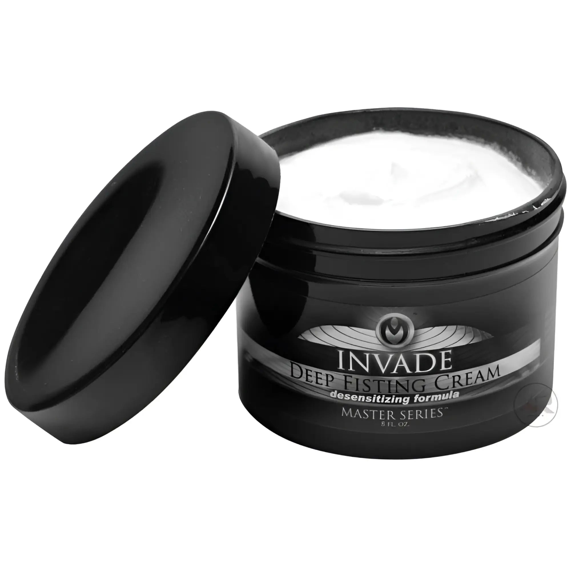 Open jar of Master Series Invade Deep Fisting Cream, featuring a black container, white cream, and removed black lid.