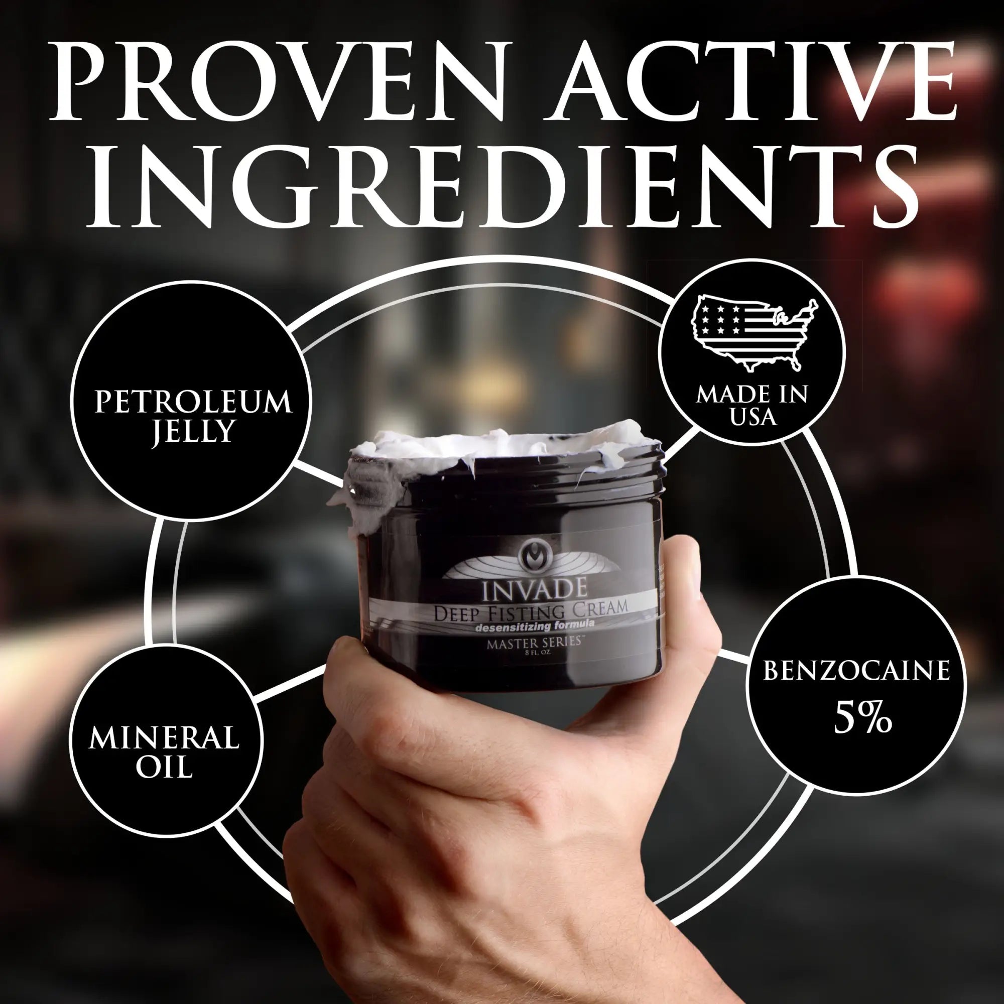 Hand holding a jar of Master Series Invade Deep Fisting Cream, showing ingredients like Benzocaine 5% and Petroleum.