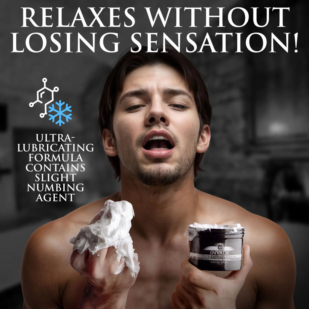Man holding Master Series Invade Deep Fisting Cream in a black jar, with thick white cream on his hand.