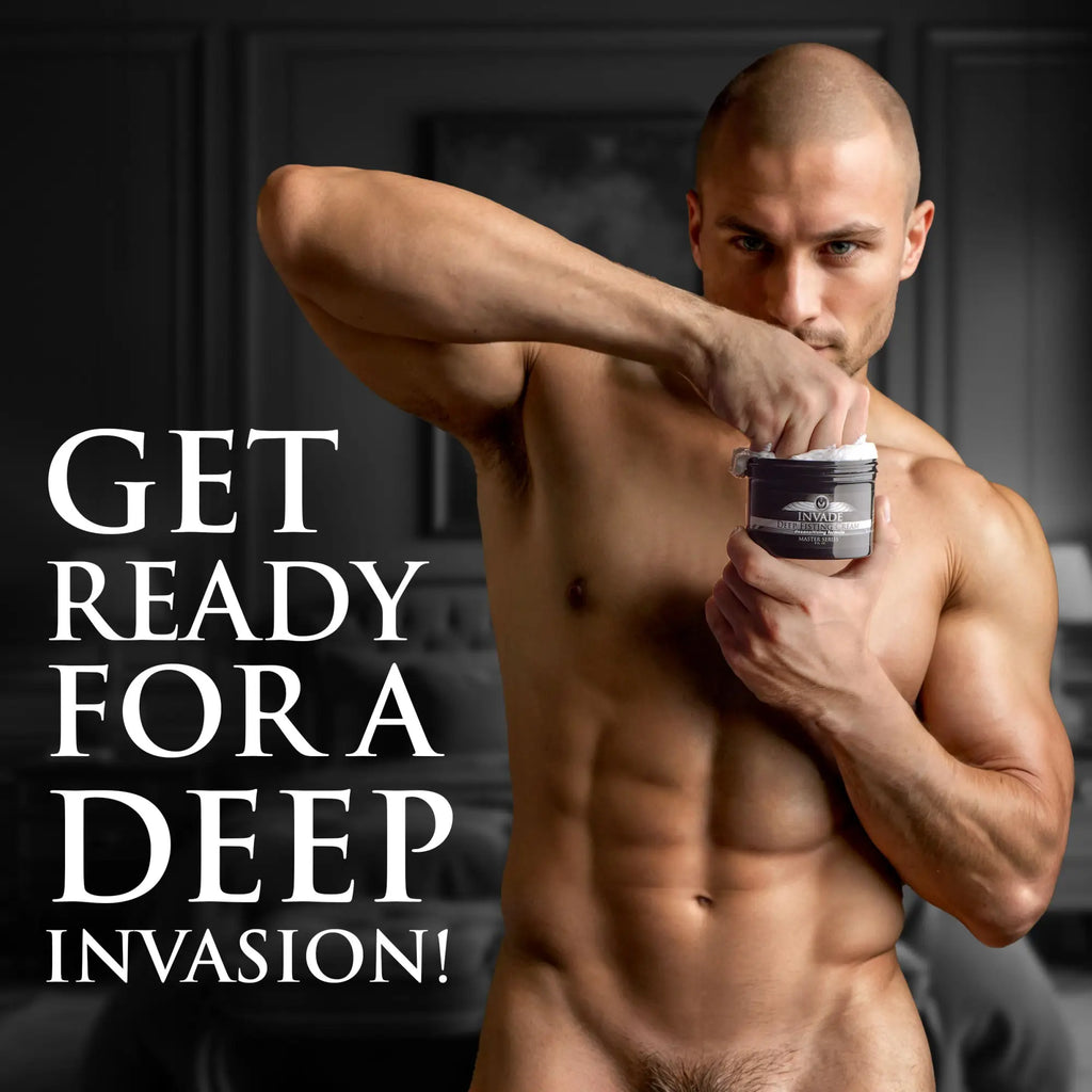 A muscular man holds a black jar of Master Series Invade Deep Fisting Cream, text reads: "Get ready for a deep invasion!"