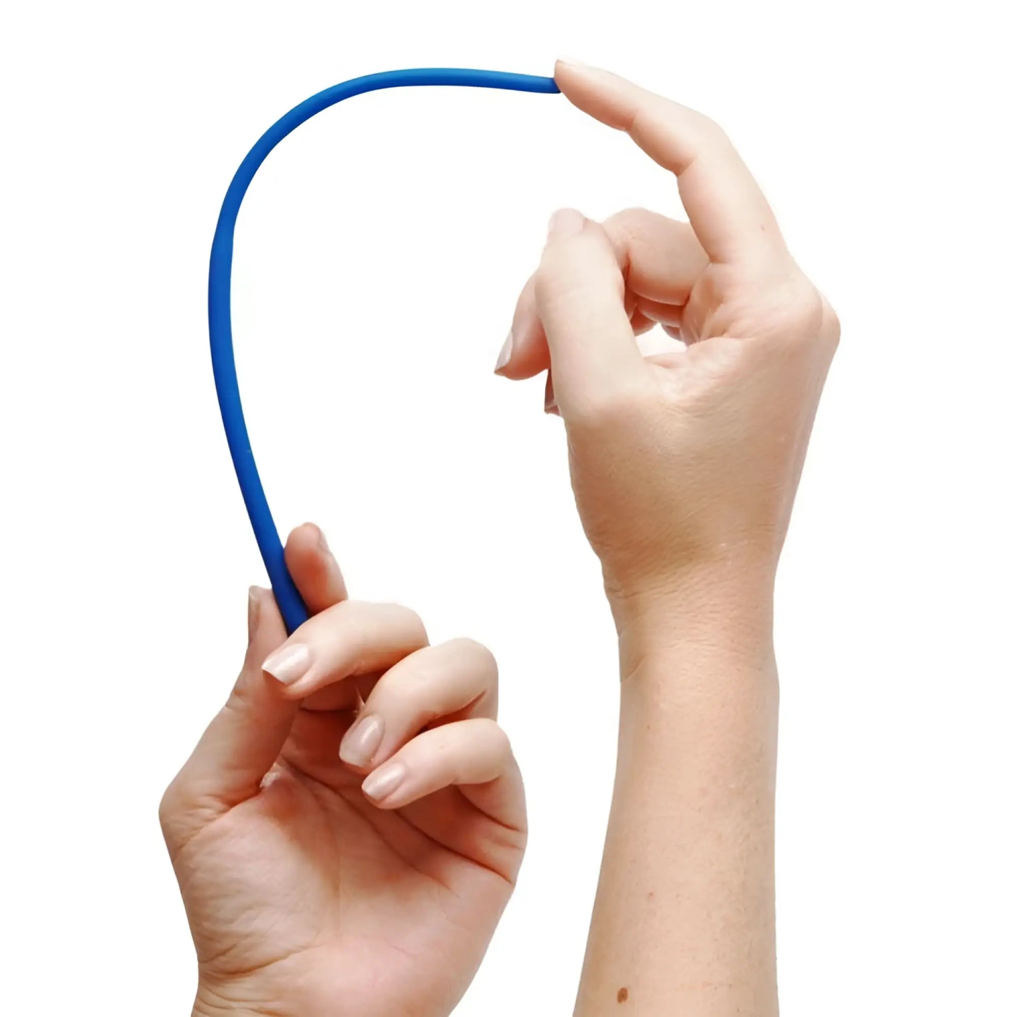 Hands holding a flexible, blue Master Series Invasion silicone urethral sound trainer against a white background.