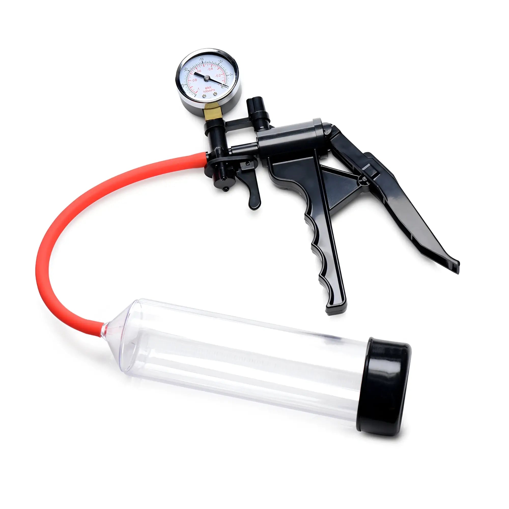 Master Series Jack Mate penis pump with black trigger handle, red tube, pressure gauge, and clear cylinder.