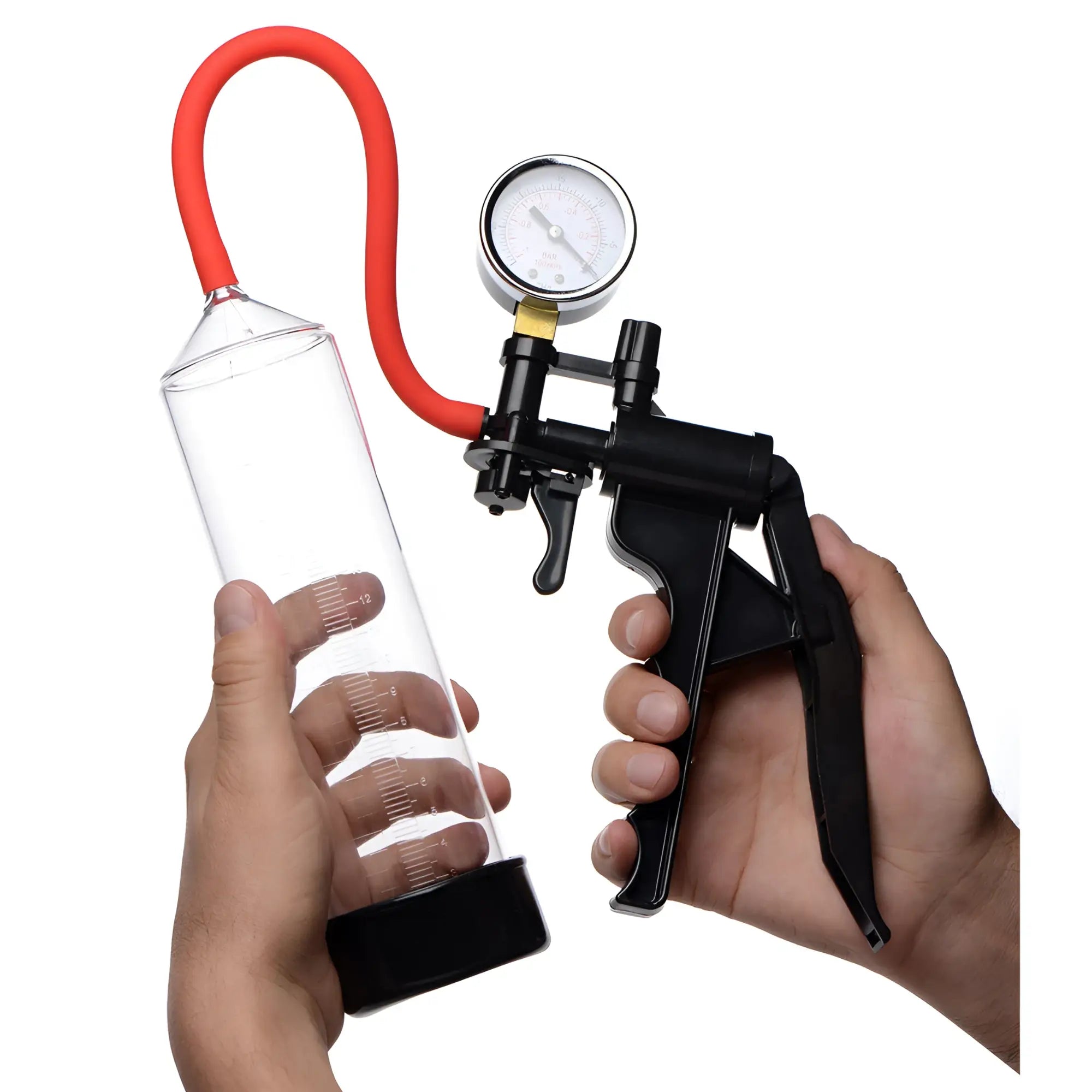Master Series Jack Mate penis pump with clear cylinder, black handle, red hose, and integrated pressure gauge.