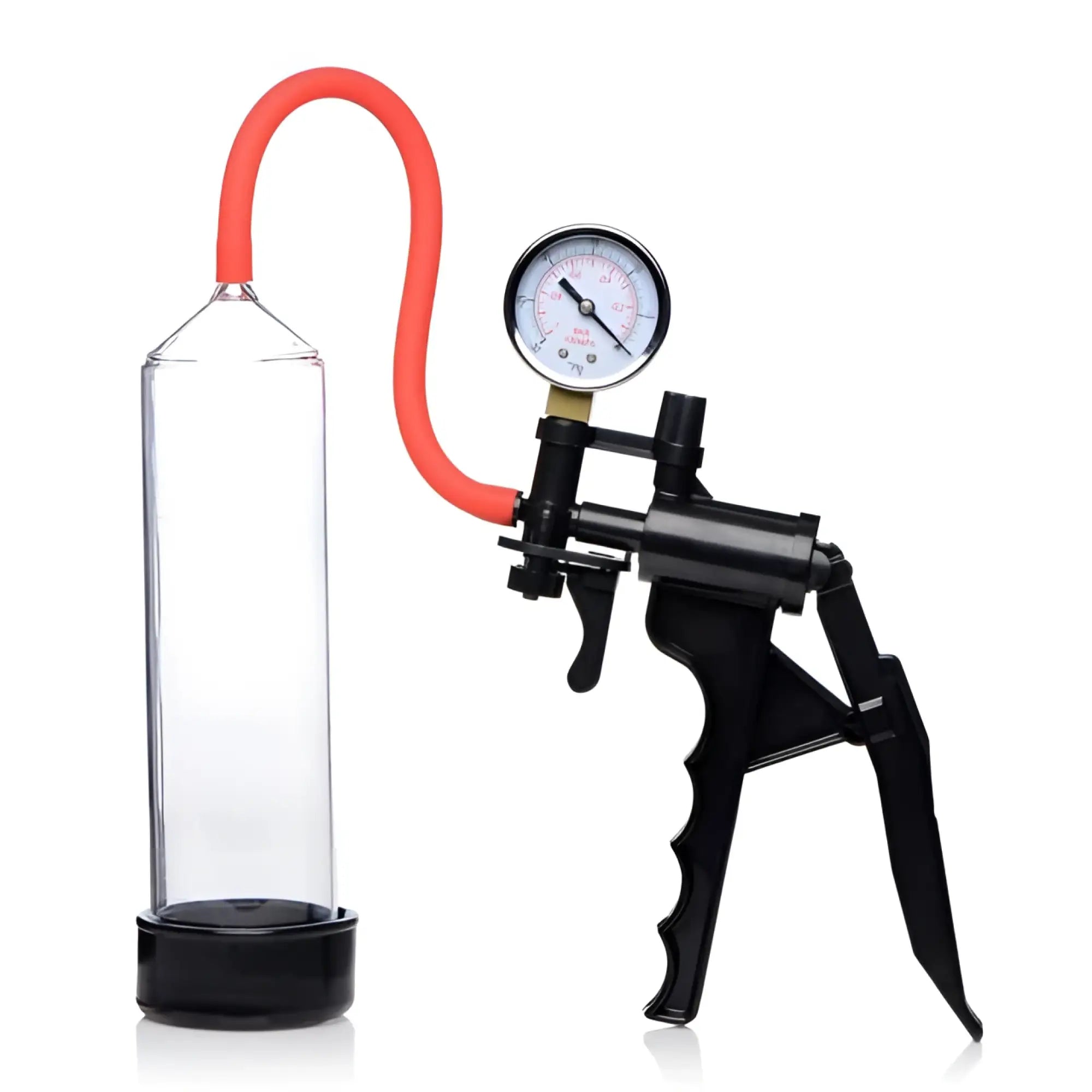 Master Series Jack Mate penis pump with clear cylinder, orange hose, and black hand-trigger pump with pressure gauge.