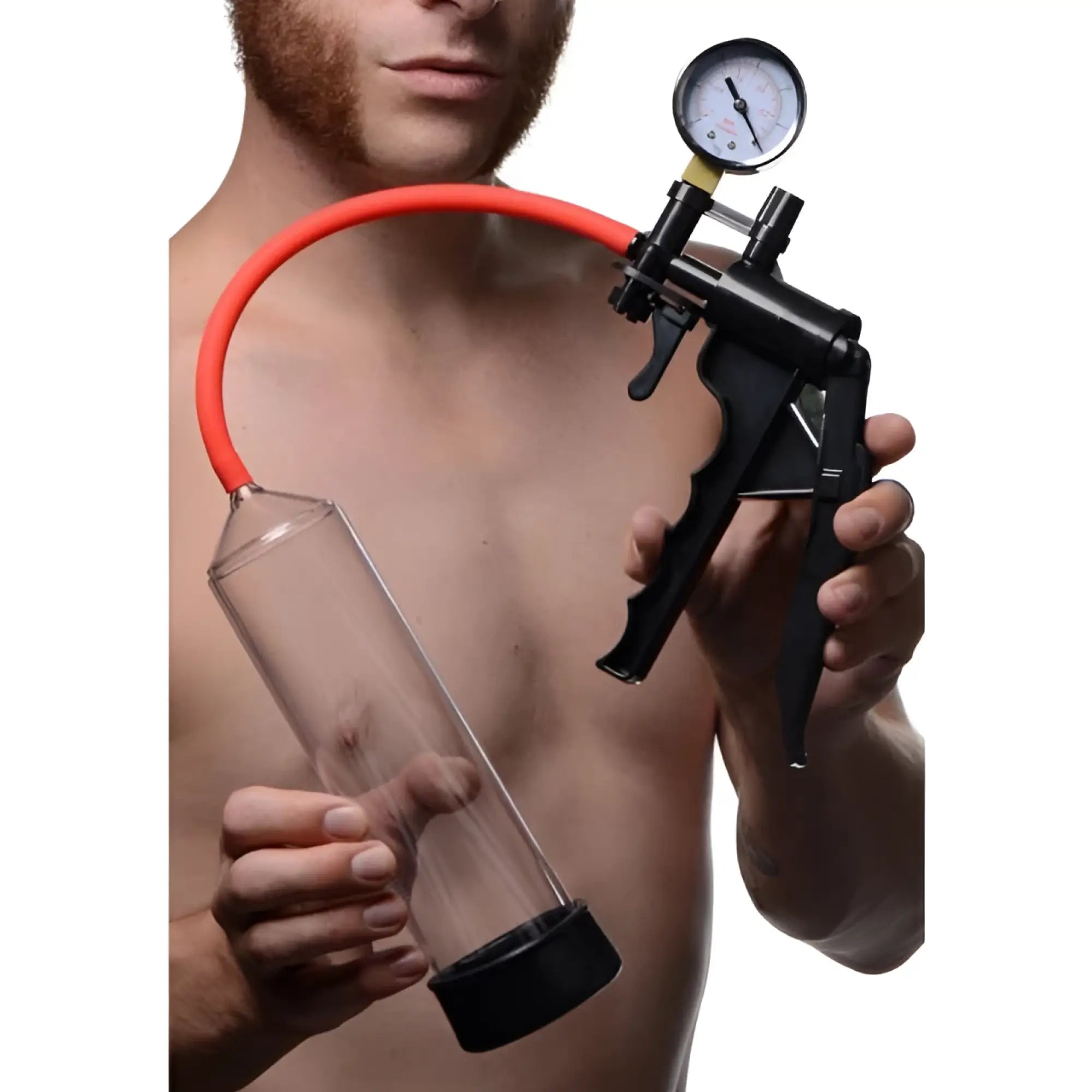 Master Series Jack Mate penis pump featuring a clear cylinder, black pistol-grip handle, and red hose with gauge.