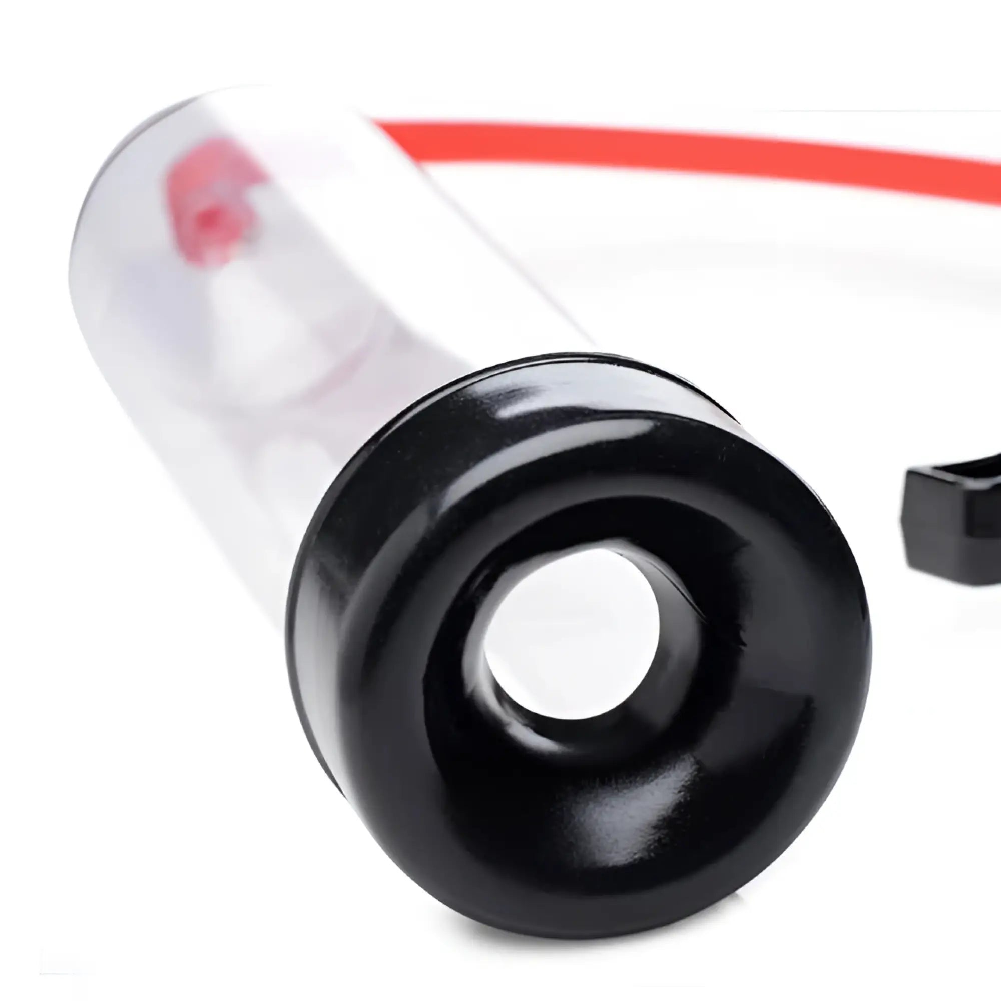 Master Series Jack Mate penis pump with a clear cylinder and a black silicone base, shown at an angle.