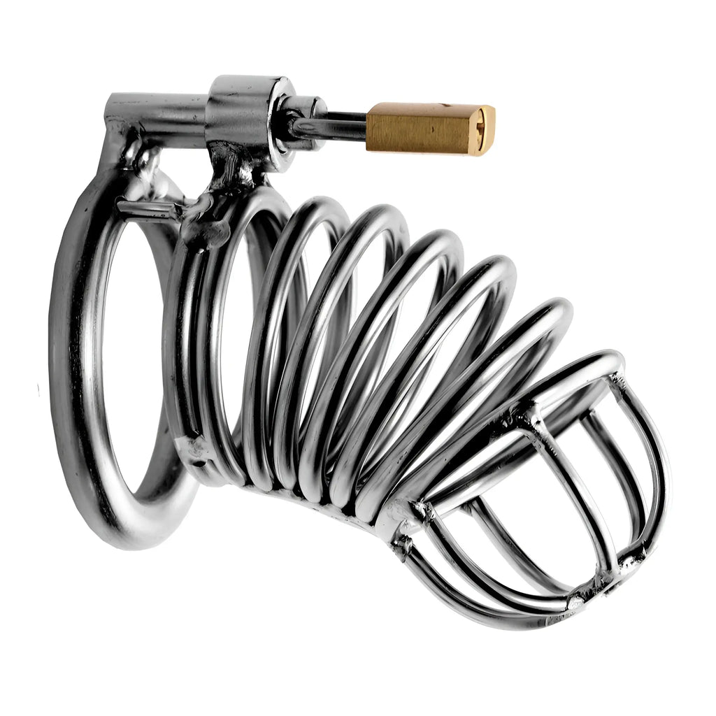 Master Series The Jail House silver metal chastity cage with a base ring, coiled design, and small brass padlock.