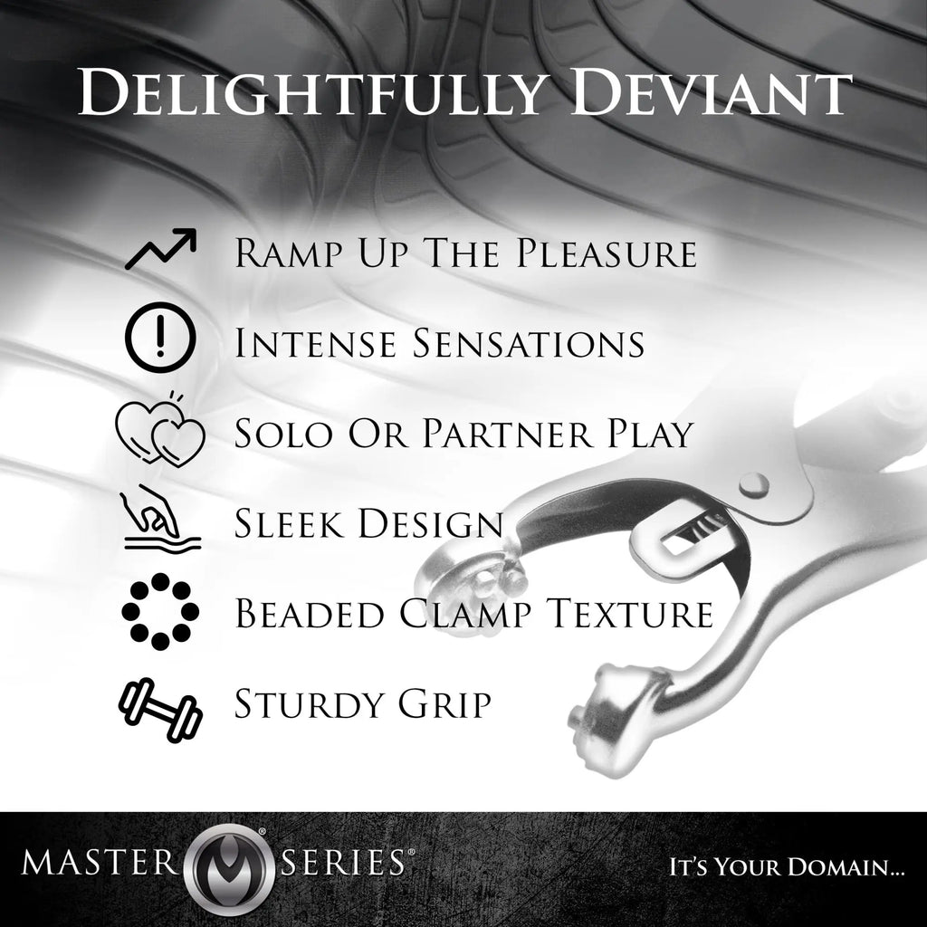Master Series Japanese Clover Clamps: silver metal clamp with a beaded design, shown with feature list and icons.