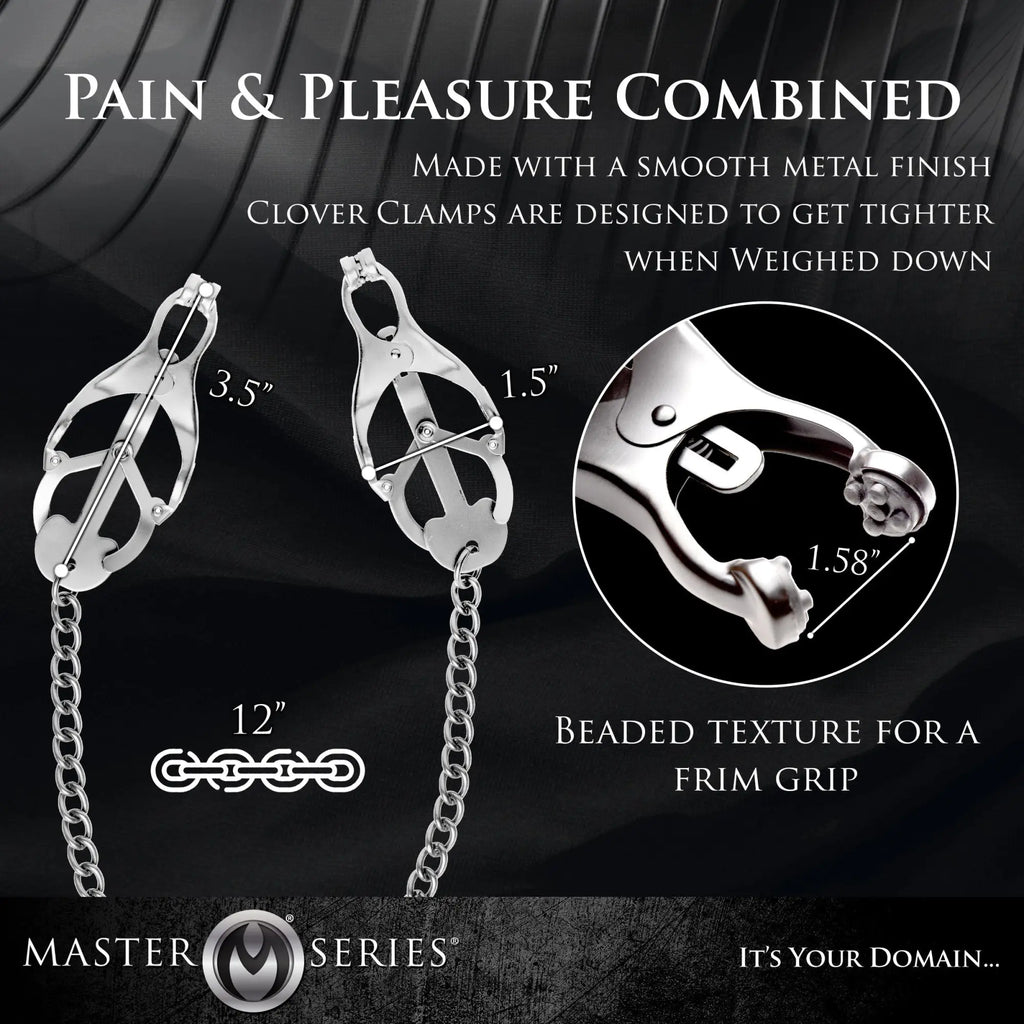 Master Series Japanese Clover Clamps: silver metal nipple clamps with textured grips, linked chains, and measurements.