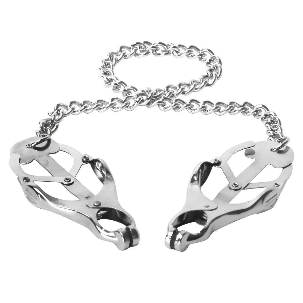 Master Series Japanese Clover Clamps: two metallic, clover-shaped nipple clamps connected by a decorative silver chain.