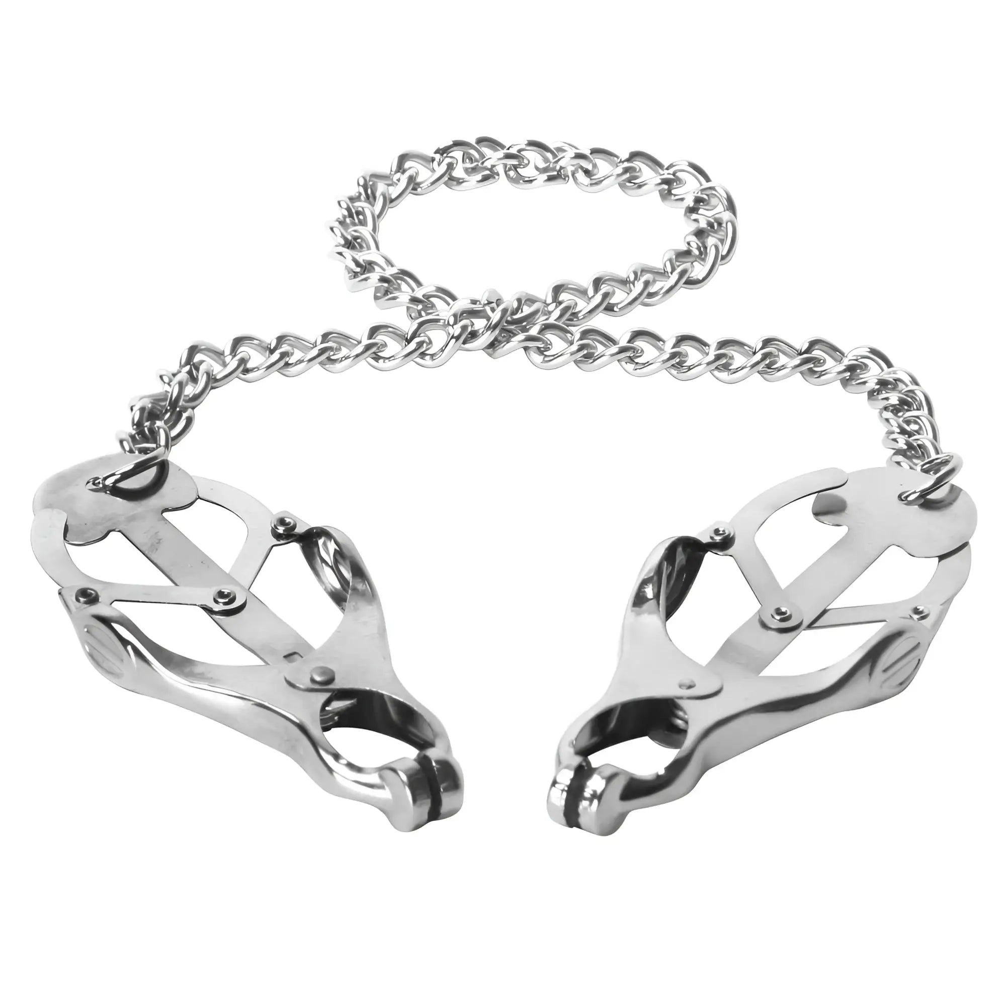 Master Series Japanese Clover Clamps: two metallic, clover-shaped nipple clamps connected by a decorative silver chain.