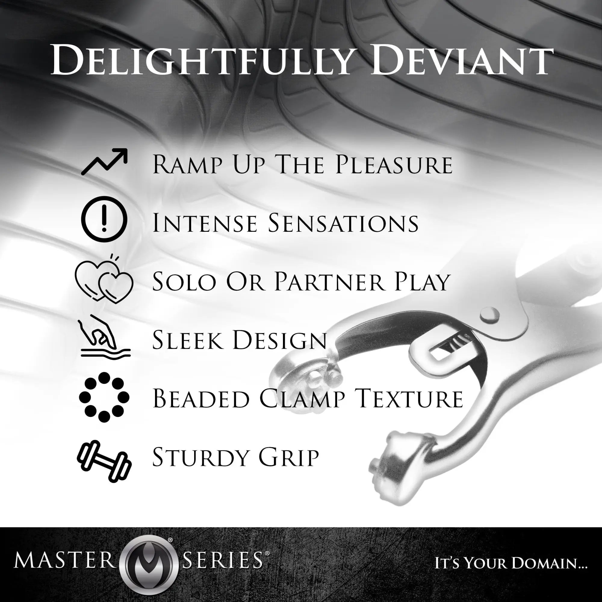 Master Series Japanese Nipple Clamps (no chain) in silver, featuring a sleek, beaded metal design for intense sensations.