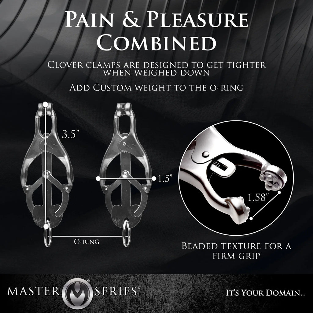 Master Series Japanese Nipple Clamps with silver metal finish, featuring clover-shaped arms and beaded contact points.