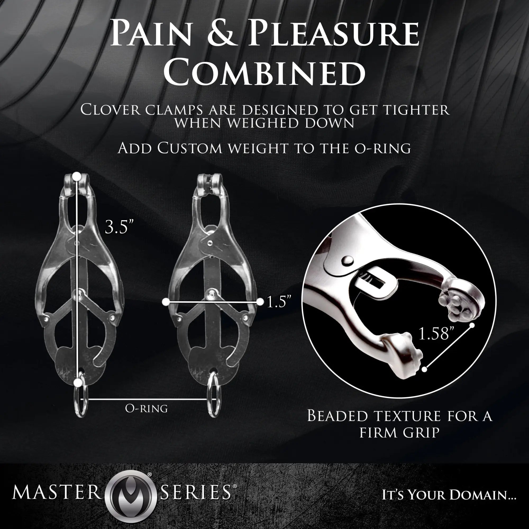 Master Series Japanese Nipple Clamps with silver metal finish, featuring clover-shaped arms and beaded contact points.