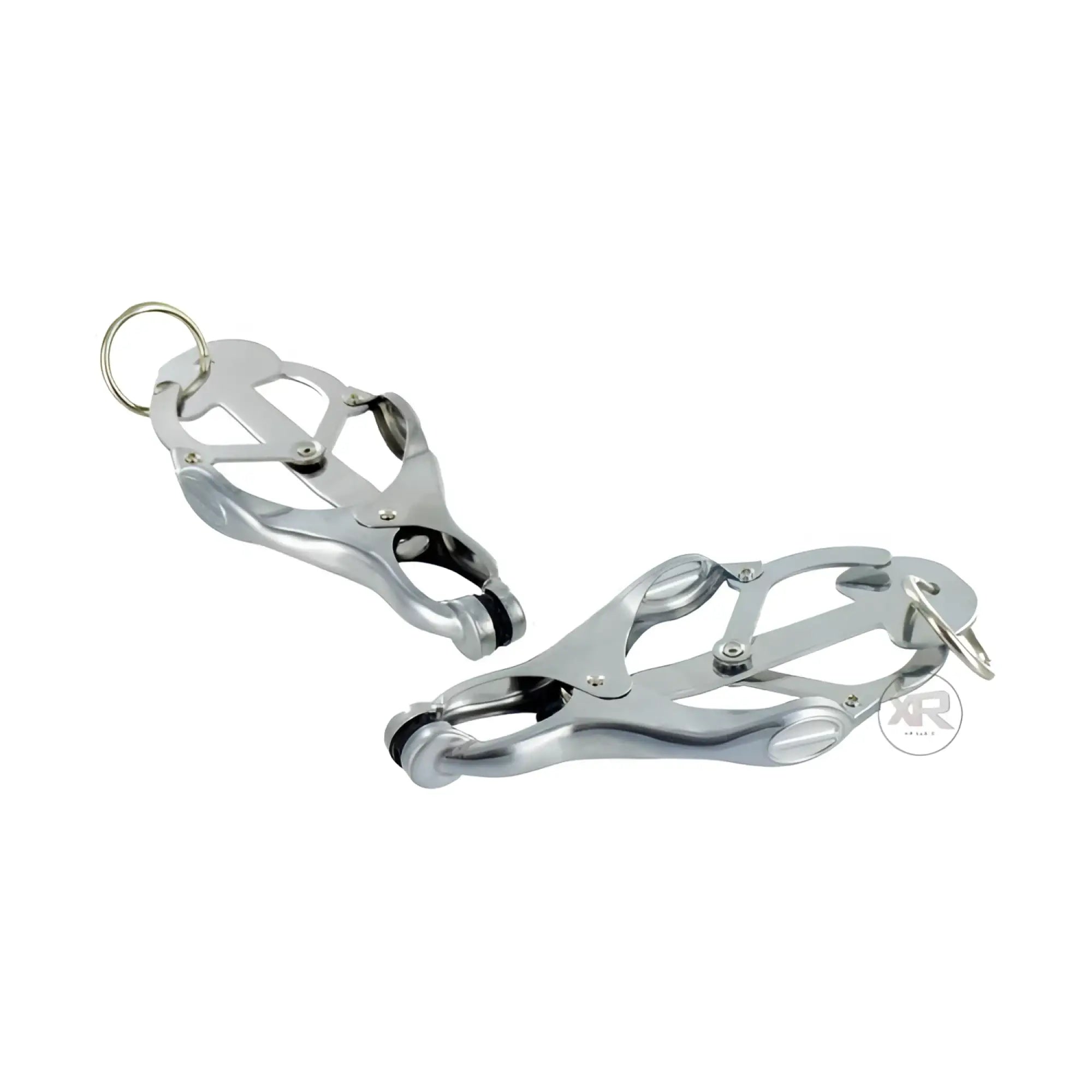 Master Series Japanese Nipple Clamps in polished silver metal with a unique hinged, ergonomic design and ring pulls.