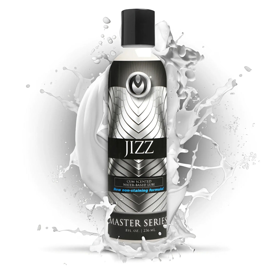 Master Series Jizz scented lube bottle in black and silver, centered against a white liquid splash background.