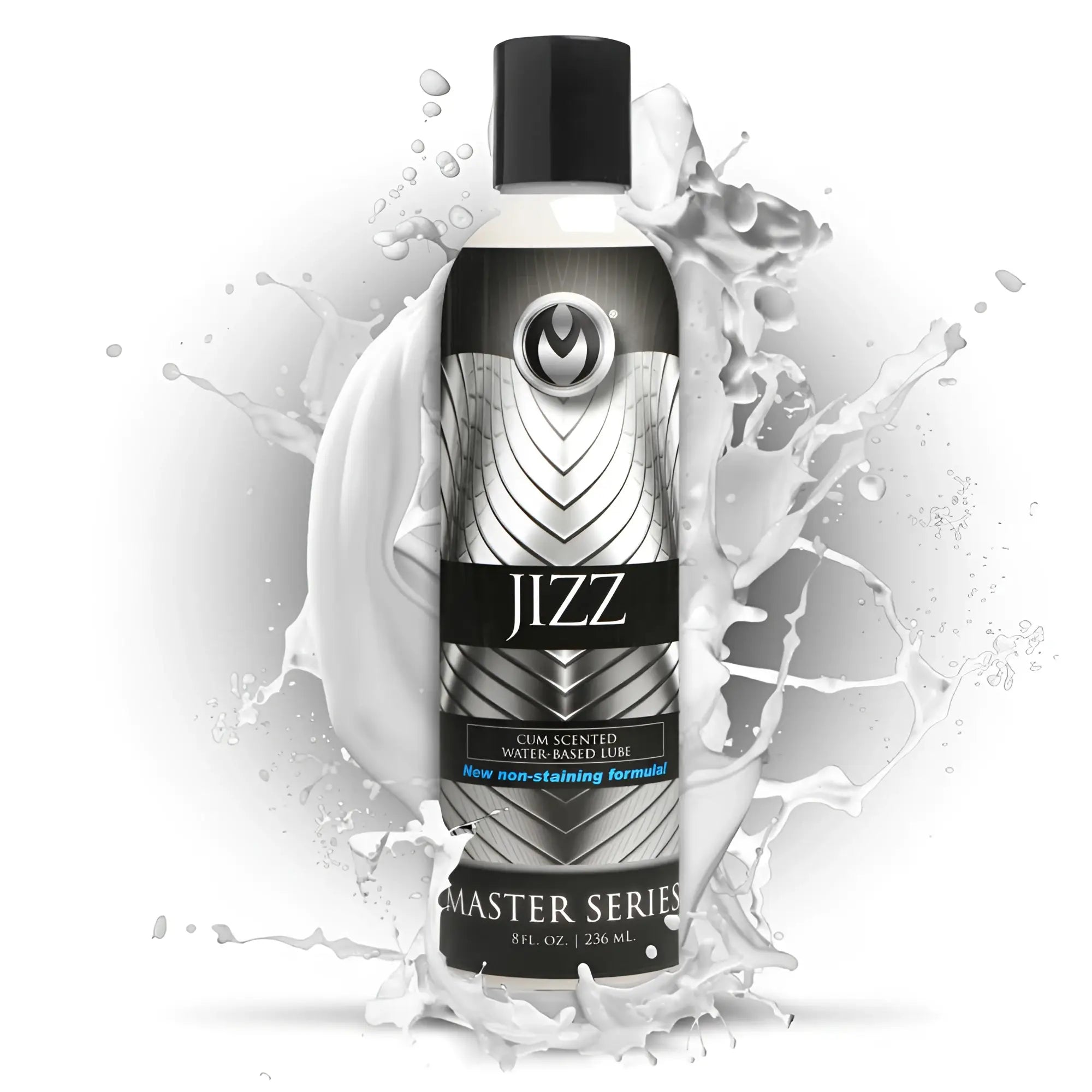 Master Series Jizz scented lube bottle in black and silver, centered against a white liquid splash background.