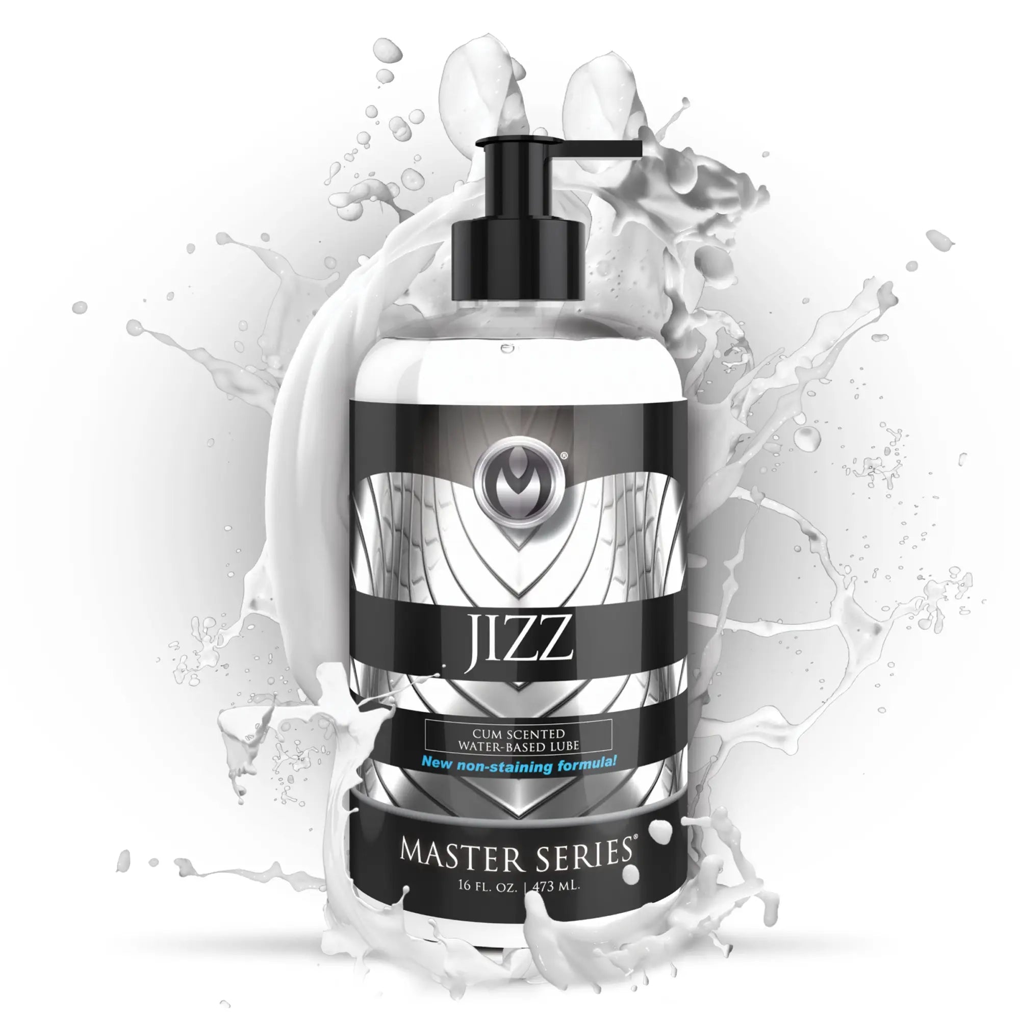 Master Series Jizz Scented Lube bottle with black pump, metallic silver label, and white liquid splash background.