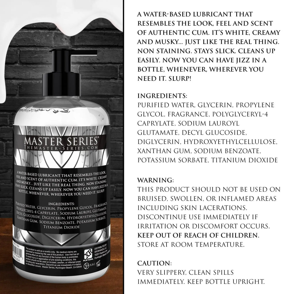 Master Series Jizz Scented Lube bottle featuring a black label with silver text and a pump top, against a brick wall.