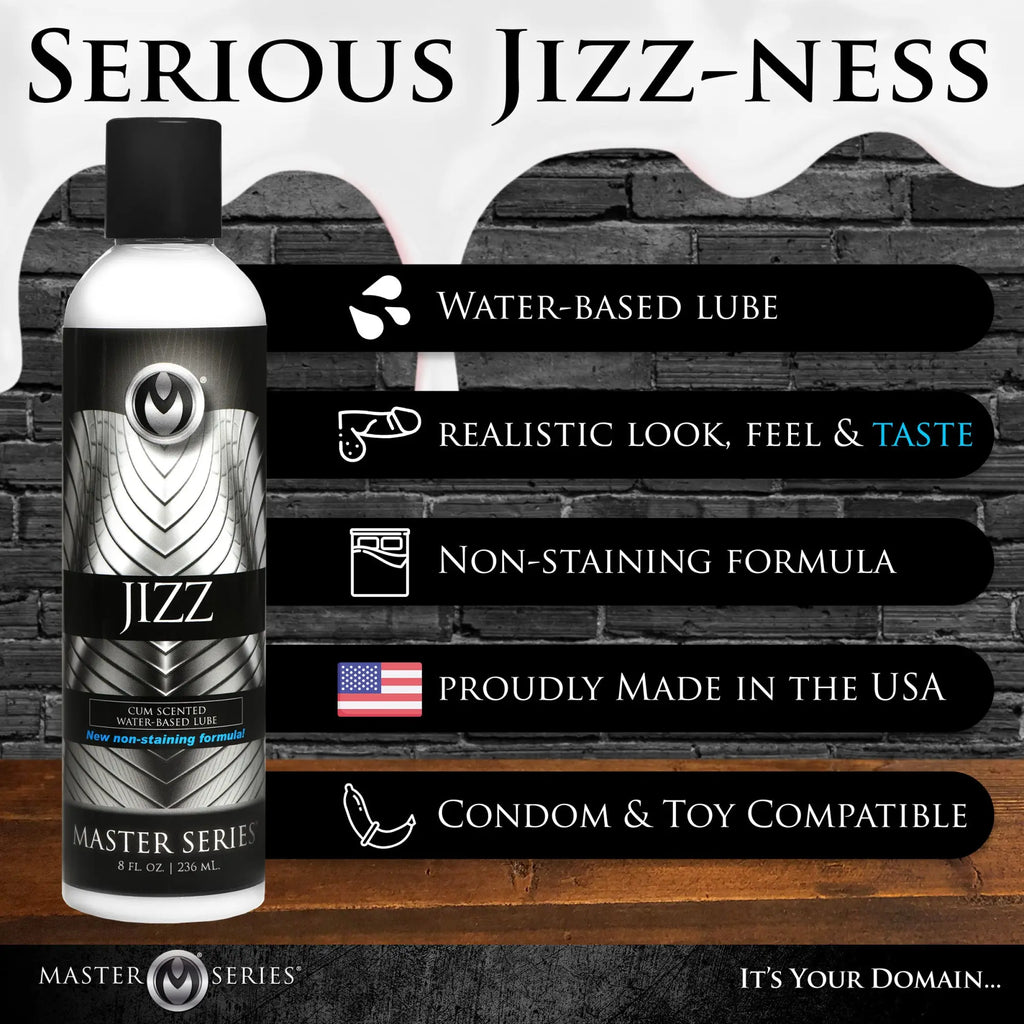 Master Series Jizz Cum-Scented Lube bottle shown with a list of product features on a black brick background.