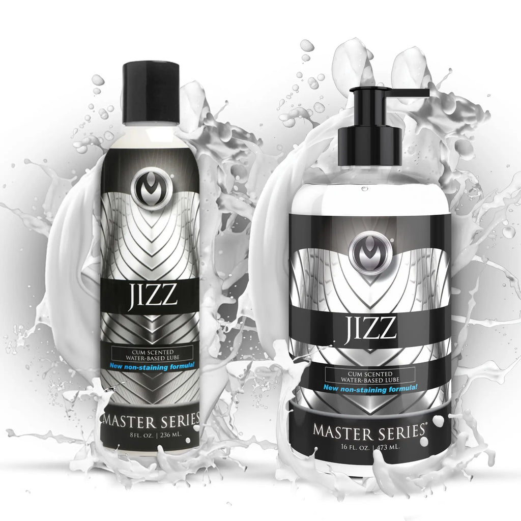 Two bottles of Master Series Jizz water-based lube with silver and black labeling against a white liquid splash backdrop.