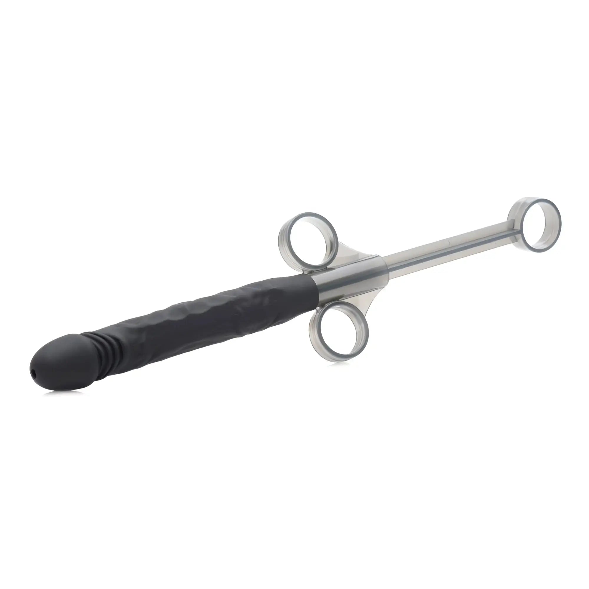 Master Series Lubricant Launcher: a black, textured silicone attachment on a clear, syringe-style plunger device.