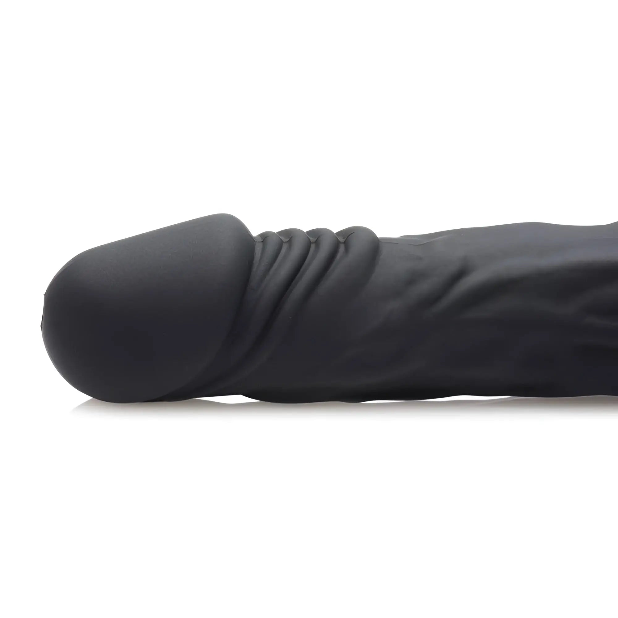 Master Series black silicone lubricant launcher dildo with a realistic, textured shaft and defined head.