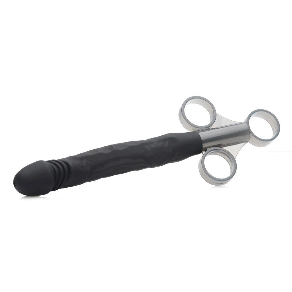 Master Series Lubricant Launcher: a black textured silicone dildo attached to a clear, three-ring trigger handle.