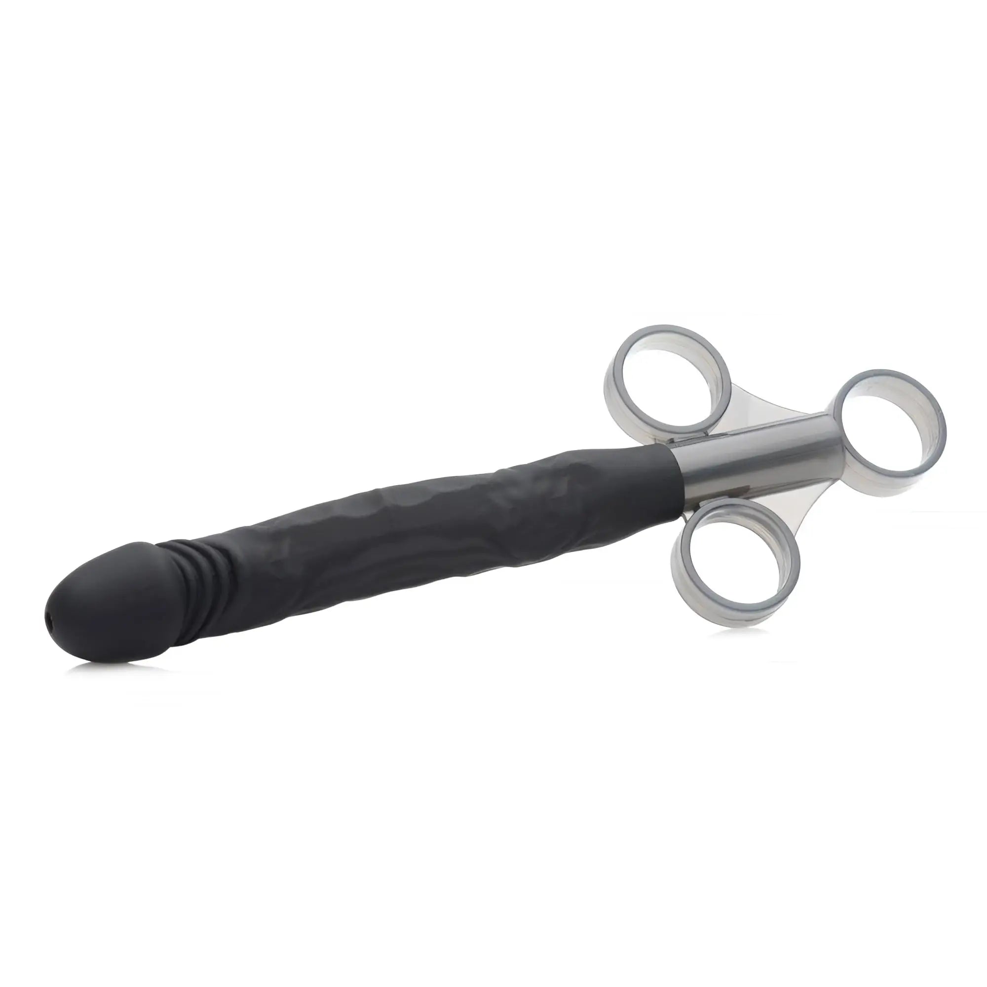 Master Series Lubricant Launcher: a black textured silicone dildo attached to a clear, three-ring trigger handle.