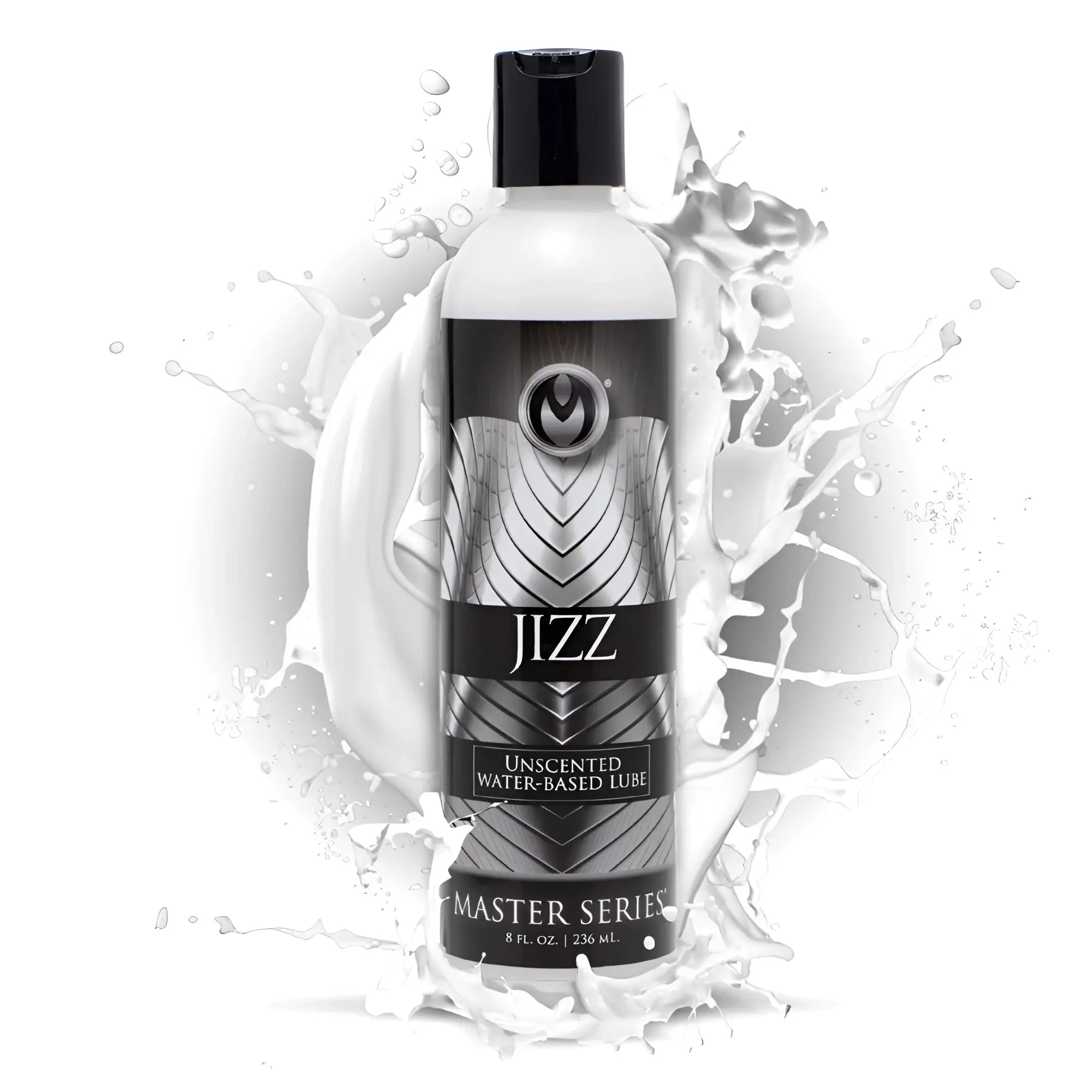 Master Series Jizz Unscented Water-Based Lube bottle in black and silver, centered against a white liquid splash.