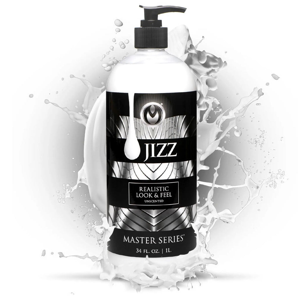 Master Series Jizz unscented water-based lube in a 1L pump bottle with white fluid splashes on a white background.