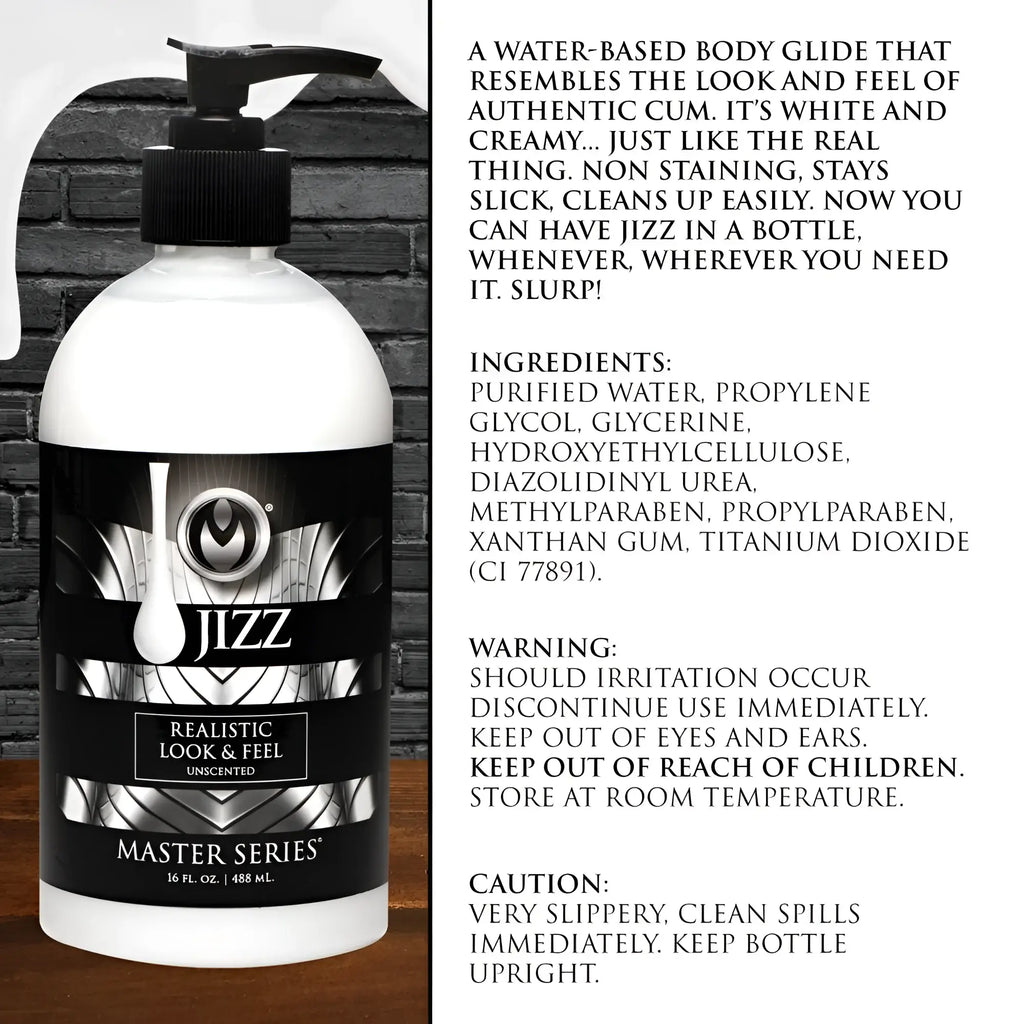 Master Series Jizz Unscented water-based lube in a white 16 fl. oz. pump bottle with a black and silver label.
