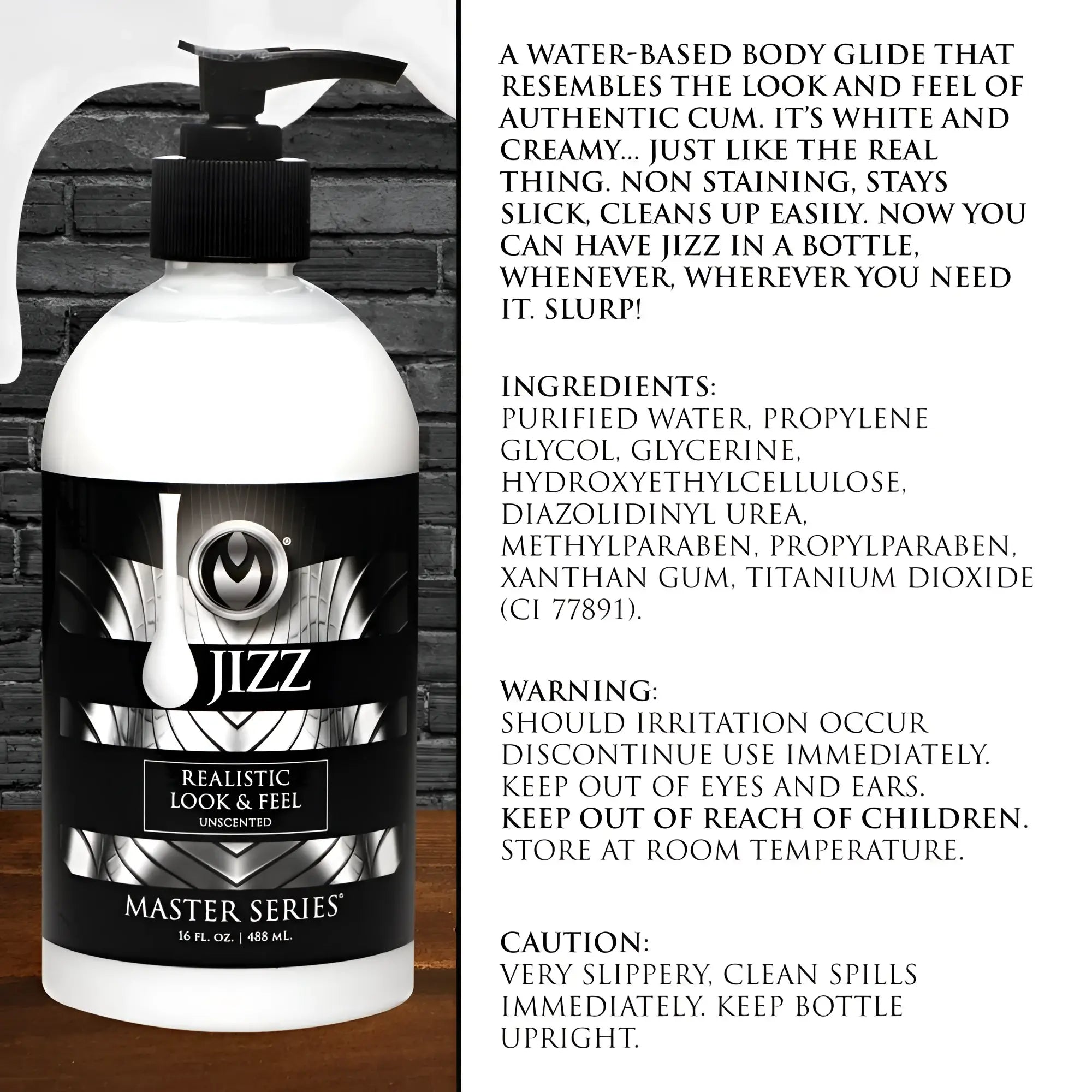Master Series Jizz Unscented water-based lube in a white 16 fl. oz. pump bottle with a black and silver label.