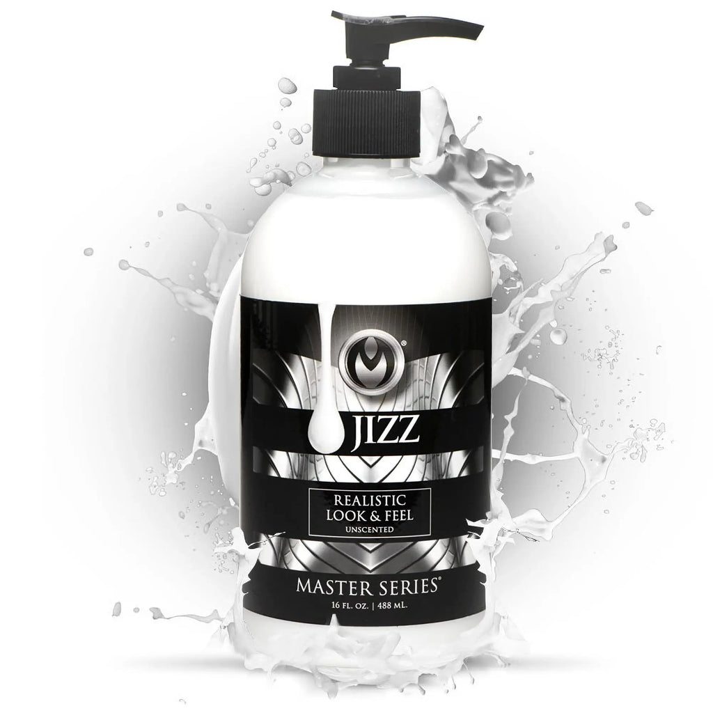 Master Series Jizz Unscented lube bottle with a black pump, white liquid, and stylized black and silver label.