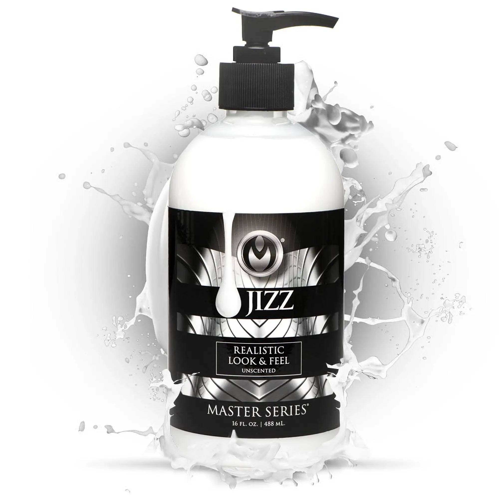 Master Series Jizz Unscented lube bottle with a black pump, white liquid, and stylized black and silver label.