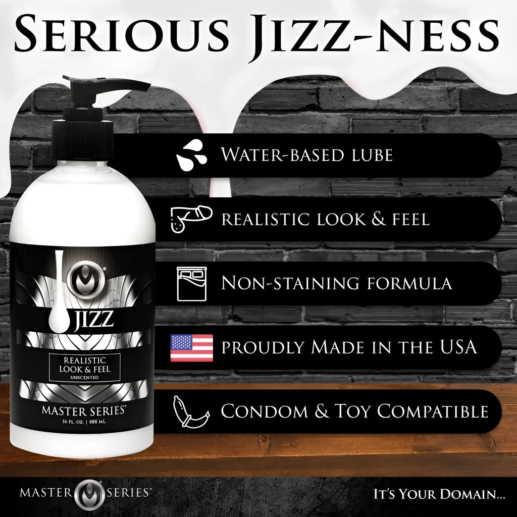 Master Series Jizz Unscented Lube bottle with black pump, white liquid, and bulleted features against a brick backdrop.