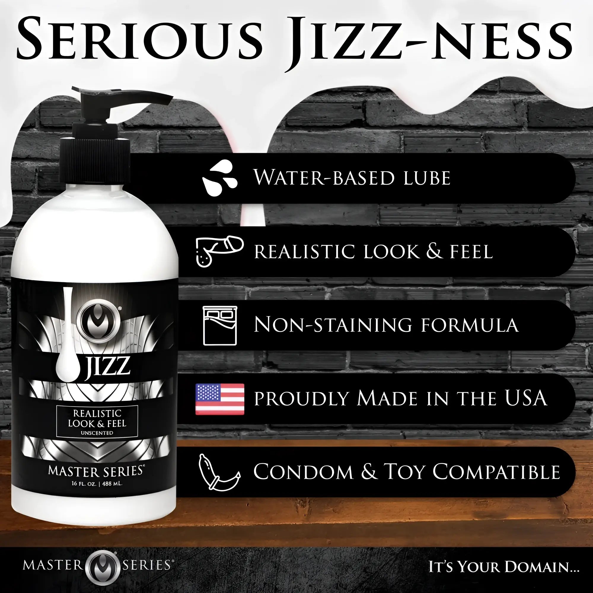 Master Series Jizz Unscented Lube bottle with black pump, white liquid, and bulleted features against a brick backdrop.