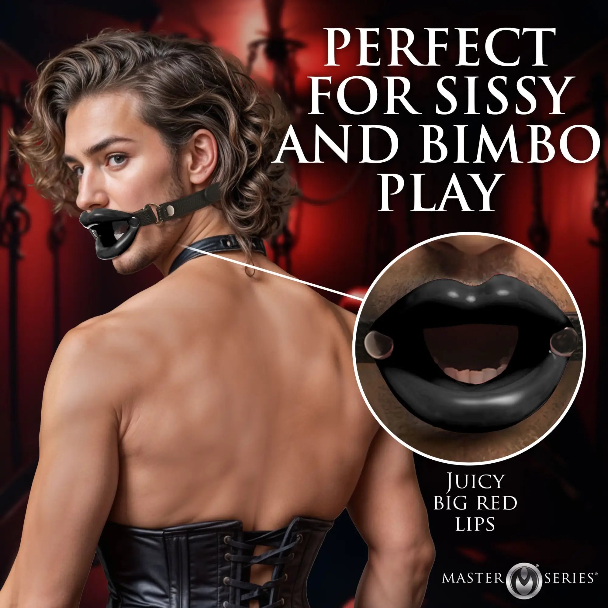 Master Series Juicy Lips silicone open-mouth gag featuring large, glossy black lips and an adjustable leather strap.