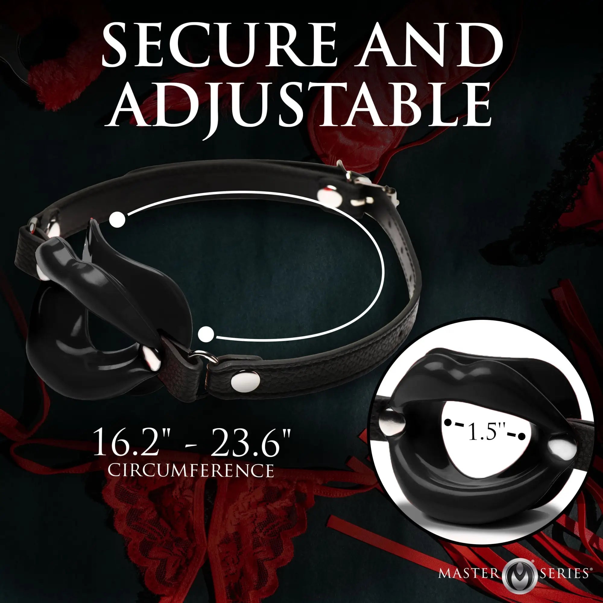 Master Series Juicy Lips silicone open mouth gag with adjustable black leather strap and 1.5-inch opening.