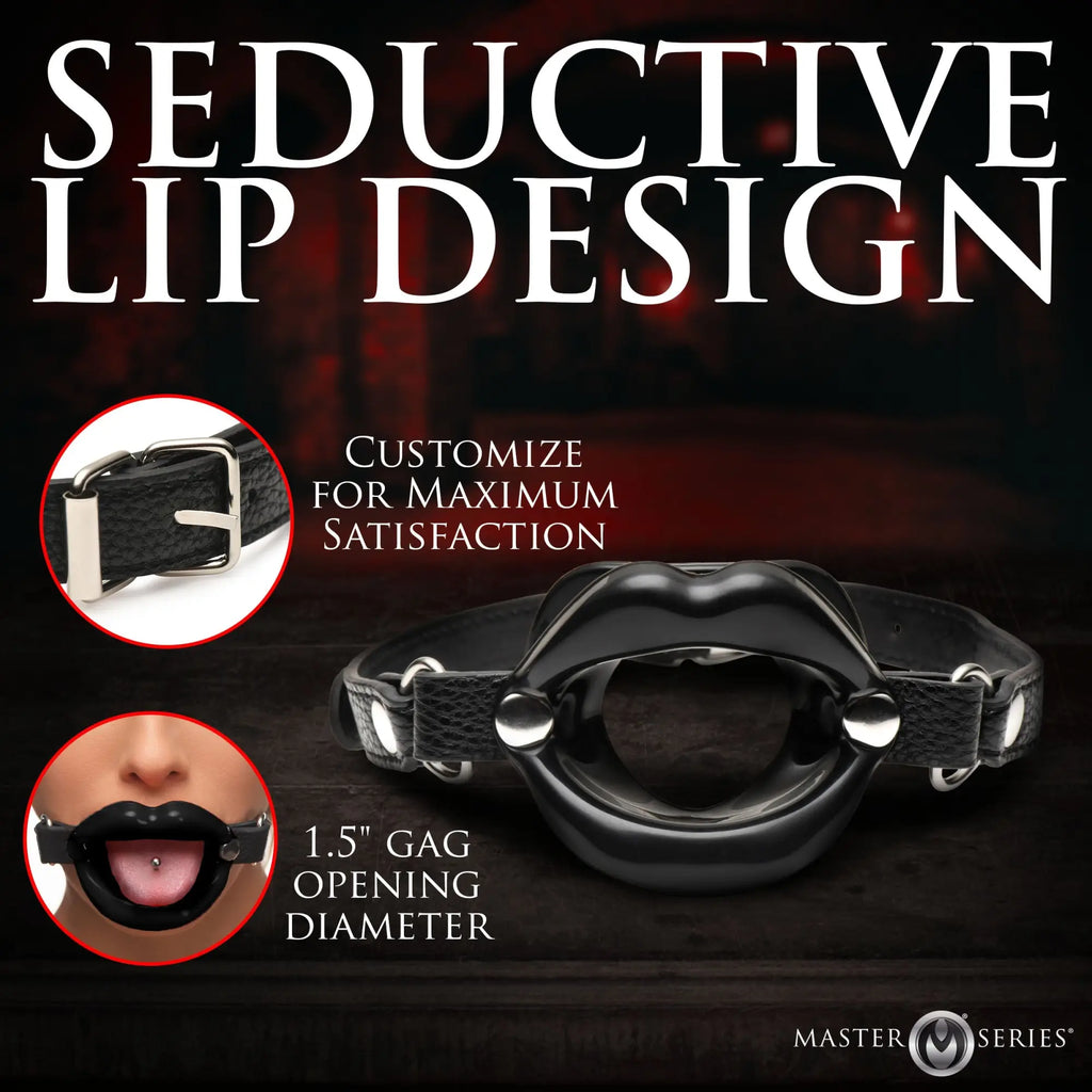 Master Series Juicy Lips silicone open mouth gag with a black adjustable leather-like strap and 1.5-inch opening.