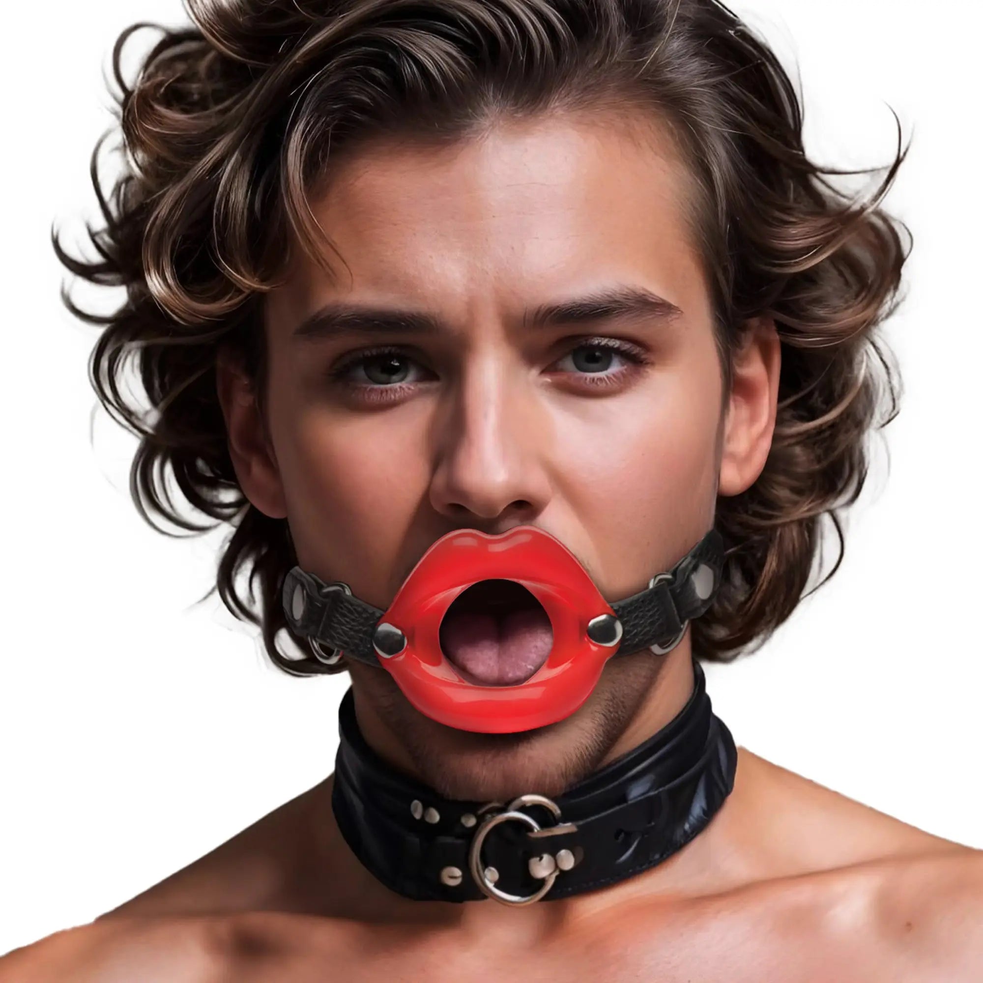 Master Series Juicy Lips Silicone Open Mouth Gag: Person wearing a red, glossy lip-shaped gag with a black leather strap.