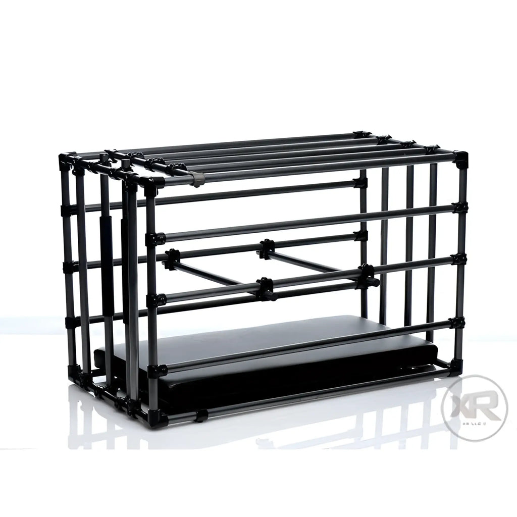 Master Series Kennel adjustable puppy cage in black metal with a matching padded floor board on a white background.