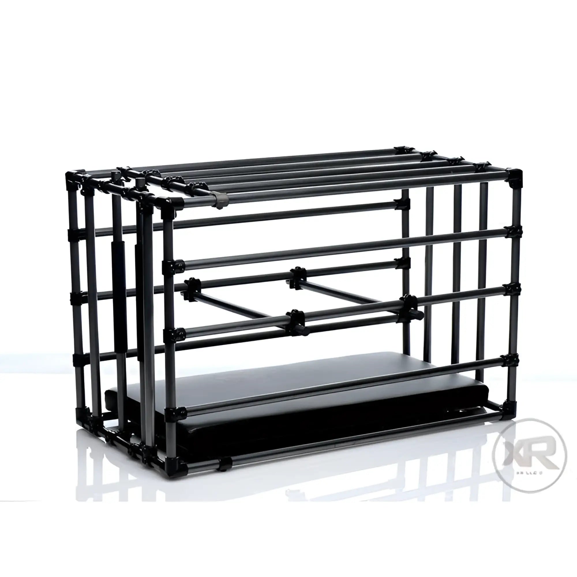 Master Series Kennel adjustable puppy cage in black metal with a matching padded floor board on a white background.