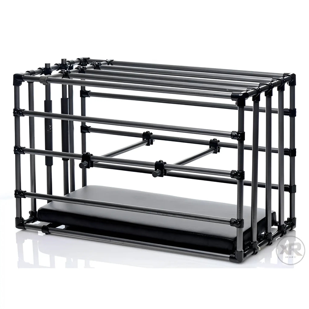 Master Series Kennel adjustable puppy cage in black metal with an integrated padded base board against a white background.