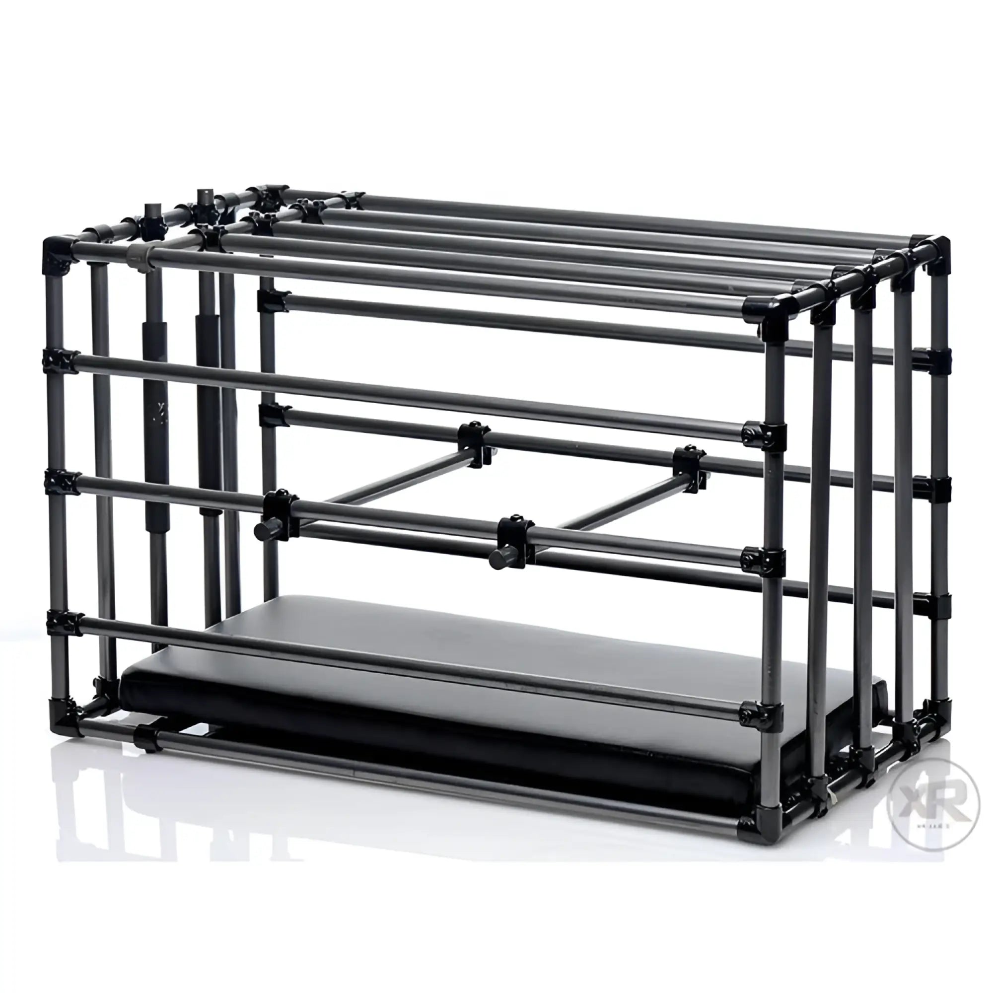 Master Series Kennel adjustable puppy cage in black metal with an integrated padded base board against a white background.