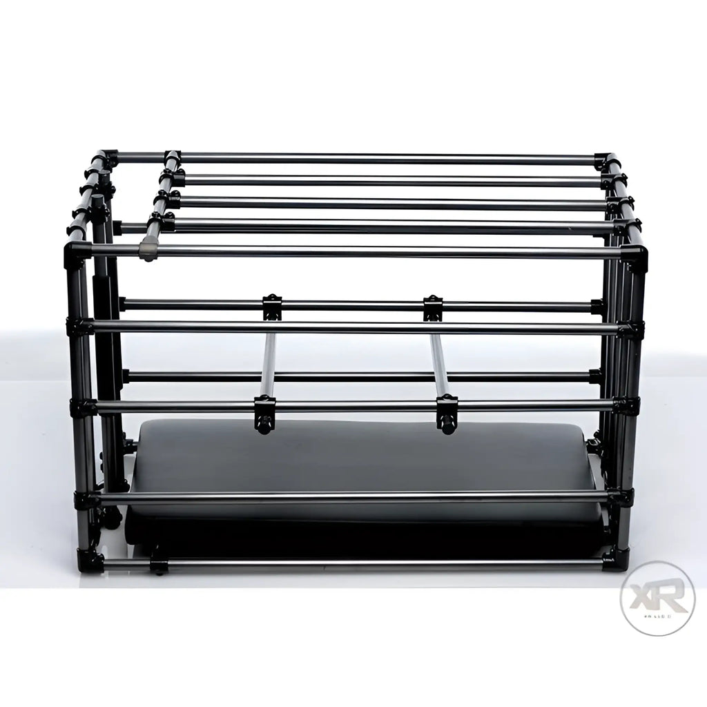 Master Series Kennel: An adjustable black metal puppy cage featuring horizontal rails and a smooth padded base board.
